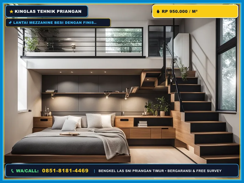 Lantai mezzanine besi dengan finishing kayu untuk kamar tidur