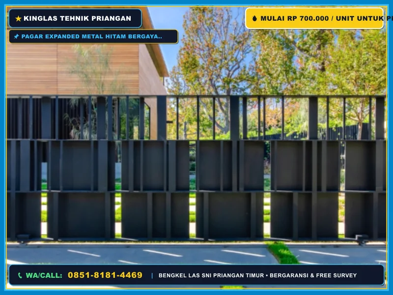Pagar expanded metal hitam bergaya industrial untuk rumah minimalis