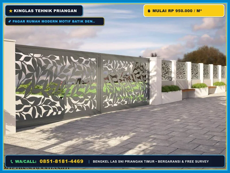 Pagar rumah modern motif batik dengan pintu gerbang besi