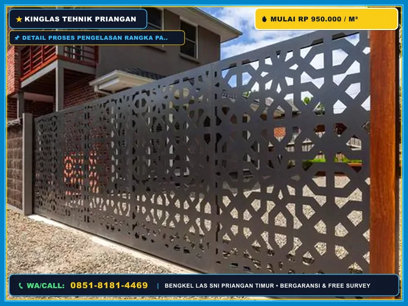 Detail proses pengelasan rangka pagar laser cutting motif floral
