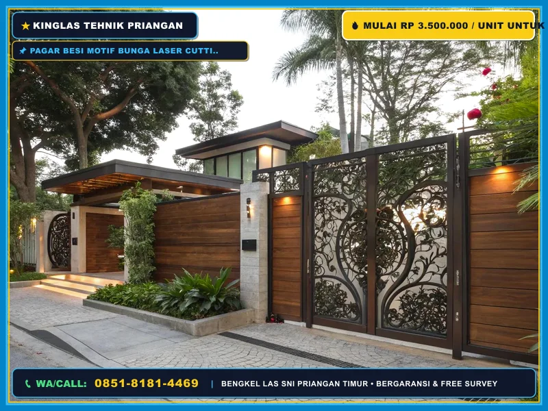 Pagar besi motif bunga laser cutting pada rumah modern