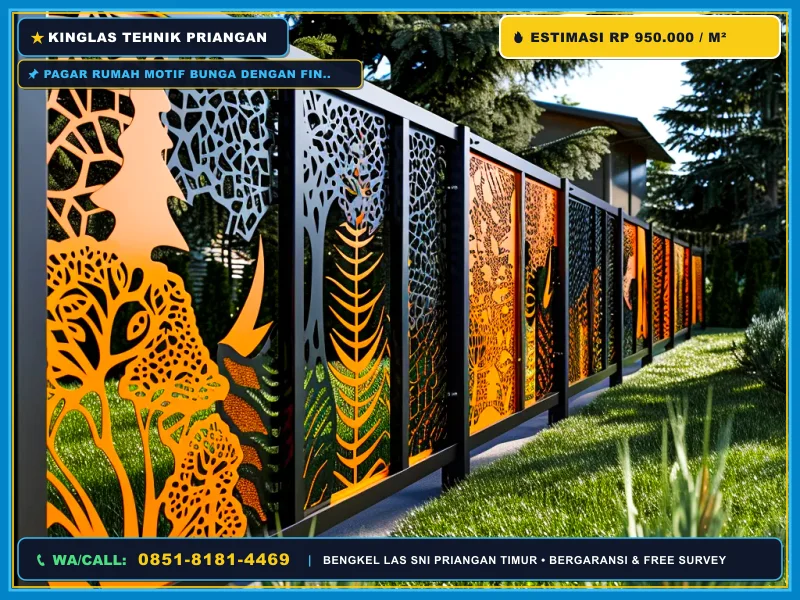Pagar rumah motif bunga dengan finishing hitam elegan