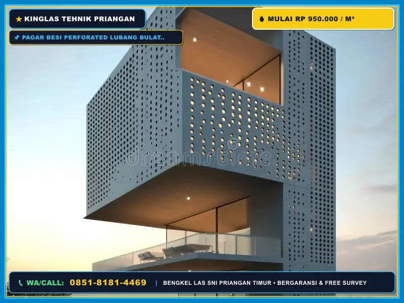 Pagar besi perforated lubang bulat pada fasad rumah minimalis