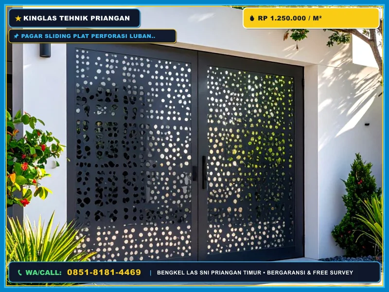 Pagar sliding plat perforasi lubang bulat warna hitam untuk rumah modern