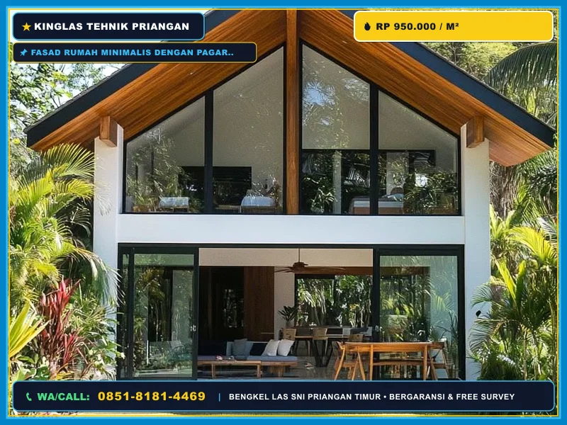 Fasad rumah minimalis dengan pagar GRC efek kayu jati dan pintu besi