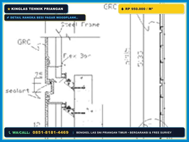 Detail rangka besi pagar woodplank GRC dan proses pengelasan