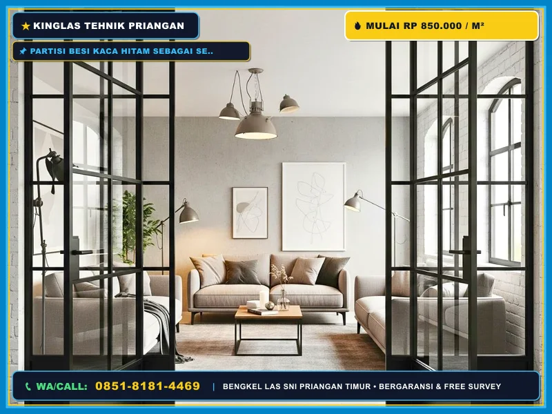 Partisi besi kaca hitam sebagai sekat ruangan rumah modern