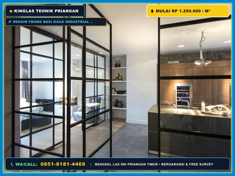 Desain frame besi kaca industrial pada interior bangunan
