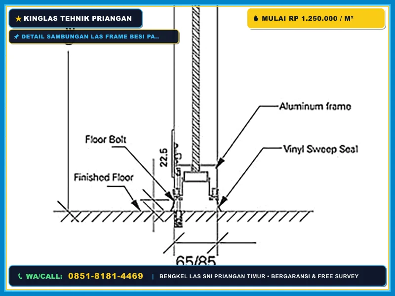 Detail sambungan las frame besi partisi kaca industrial
