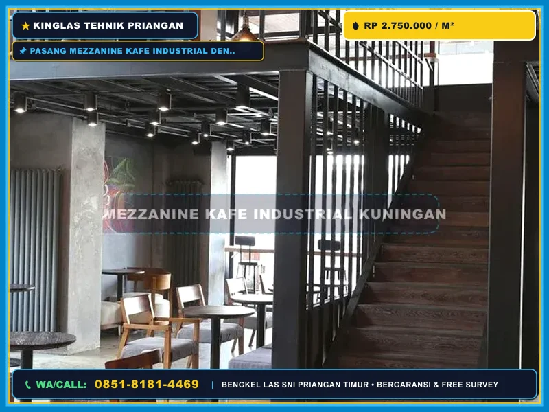 Pasang Mezzanine Kafe Industrial dengan Lantai Kayu Kawali