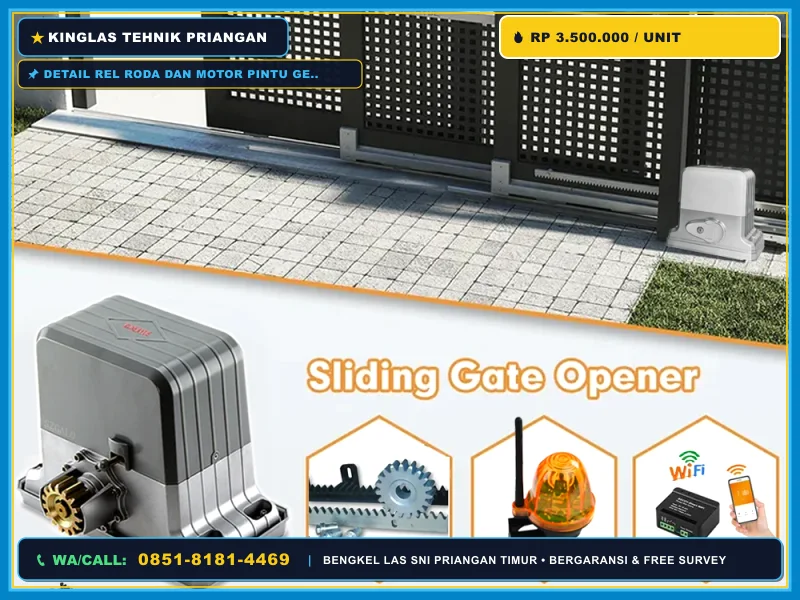 Detail rel roda dan motor pintu gerbang geser otomatis