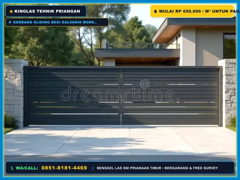 Gerbang sliding besi galvanis modern untuk rumah Garut