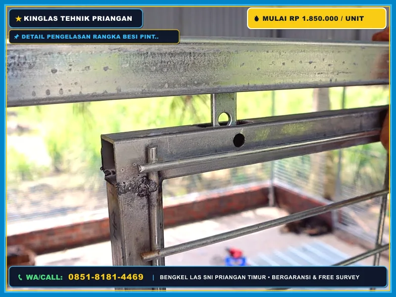 Detail pengelasan rangka besi pintu sliding kaca oleh bengkel las profesional
