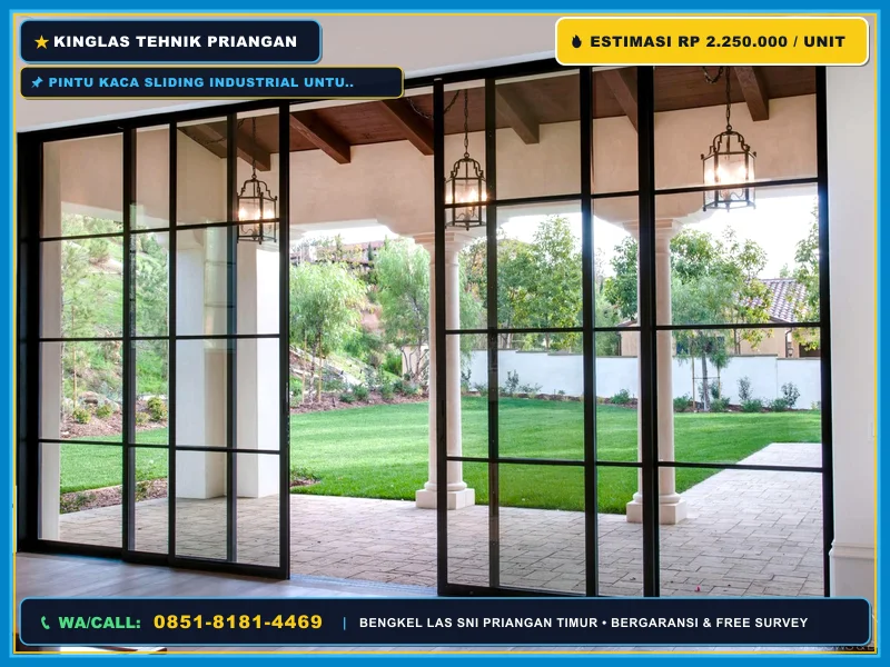 Pintu kaca sliding industrial untuk teras rumah modern di Cirebon