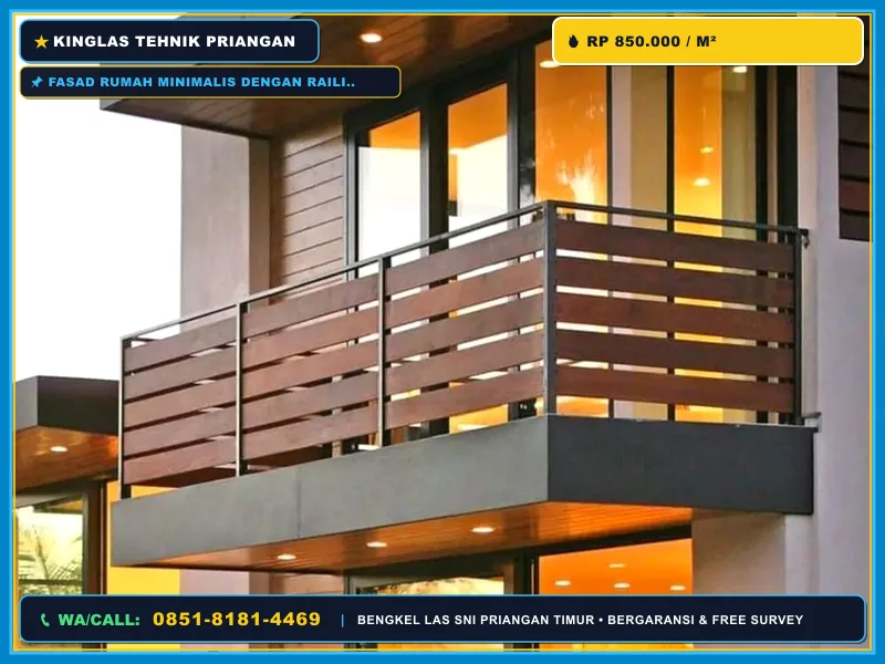 Fasad rumah minimalis dengan railing balkon GRC motif kayu