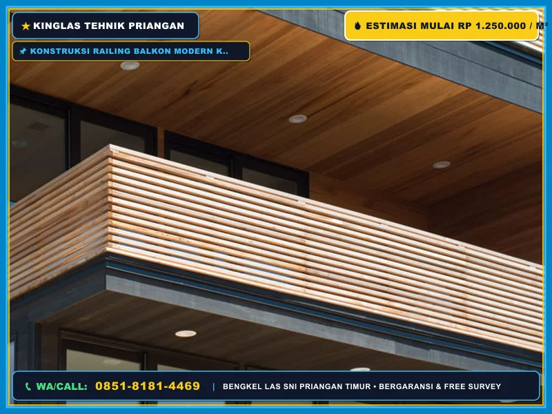 Konstruksi railing balkon modern kombinasi besi dan woodplank GRC