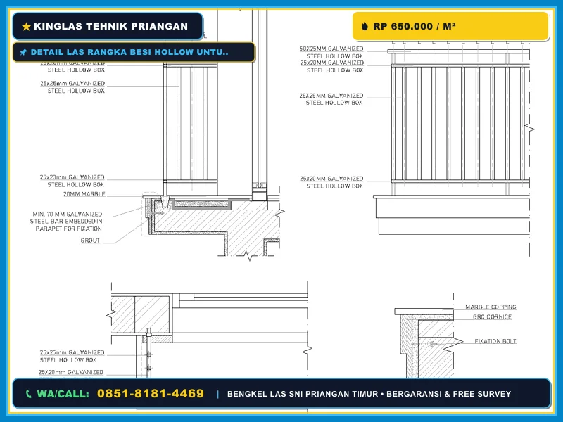 Detail las rangka besi hollow untuk railing balkon woodplank GRC