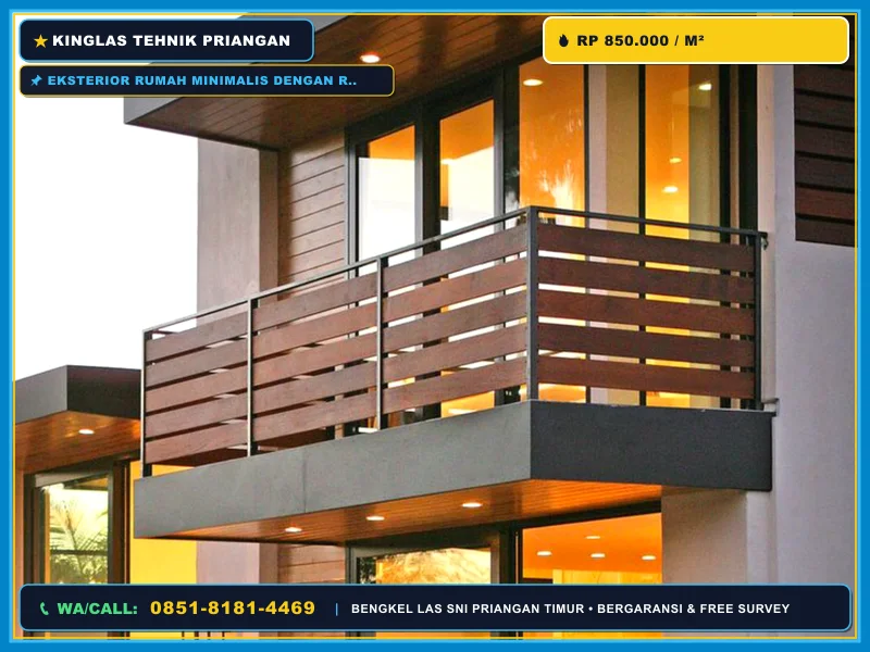 Eksterior rumah minimalis dengan railing balkon panel woodplank GRC