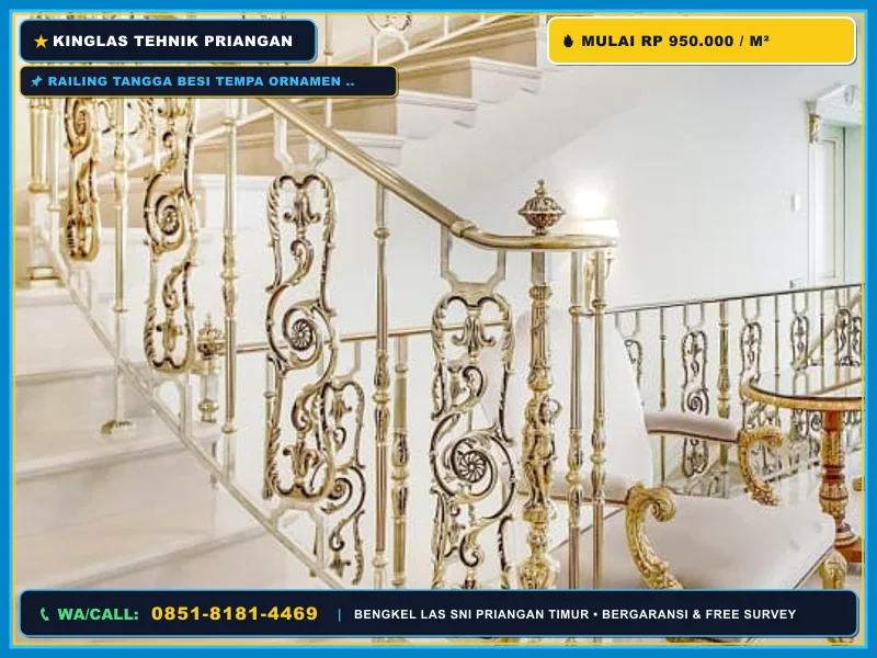Railing Tangga Besi Tempa Klasik dengan Aksen Kuningan