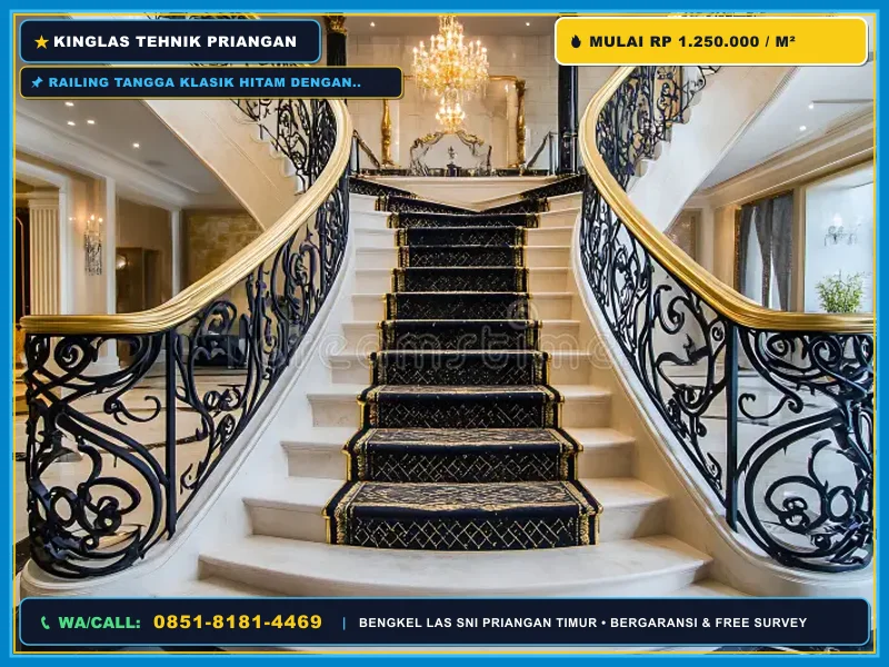 Railing tangga klasik hitam dengan aksen kuningan di rumah