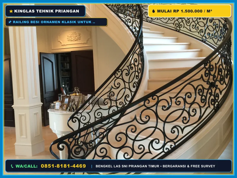 Railing besi ornamen klasik untuk tangga rumah dan bangunan komersial