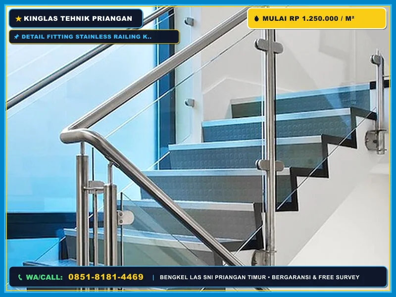 Detail fitting stainless railing kaca tempered dan handrail kayu