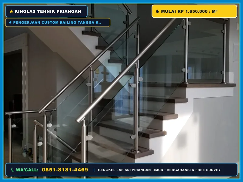 Pengerjaan custom railing tangga kaca dan rangka logam oleh tukang las profesional