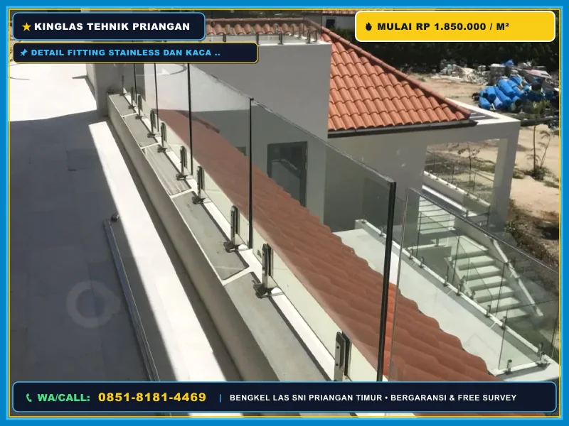 Detail fitting stainless dan kaca tempered untuk railing tangga