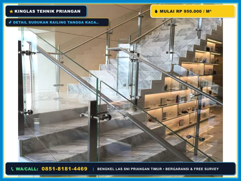 Detail dudukan railing tangga kaca tempered dan konstruksi besi