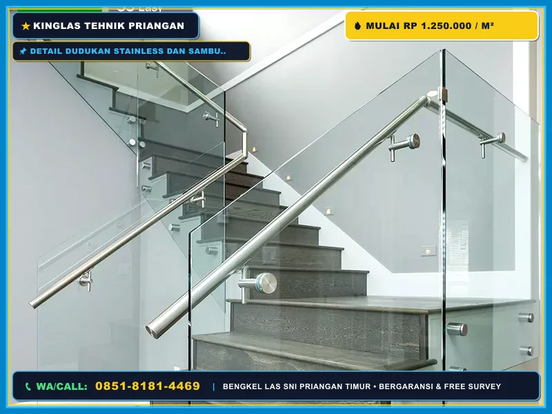 Detail dudukan stainless dan sambungan railing kaca tangga