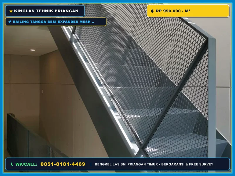 Railing tangga besi expanded mesh industrial untuk hunian modern