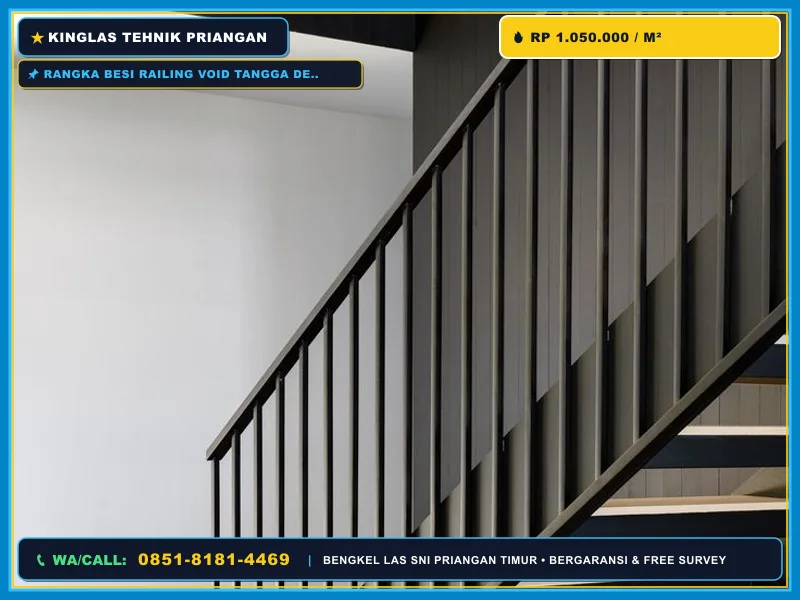 Rangka besi railing void tangga dengan panel metal mesh