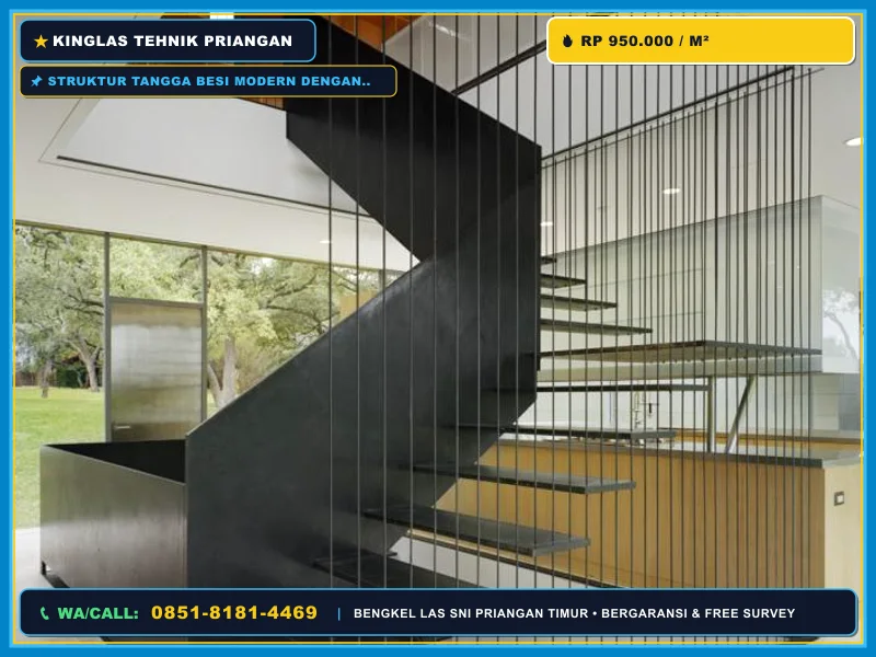 Struktur tangga besi modern dengan railing expanded metal untuk rumah tinggal