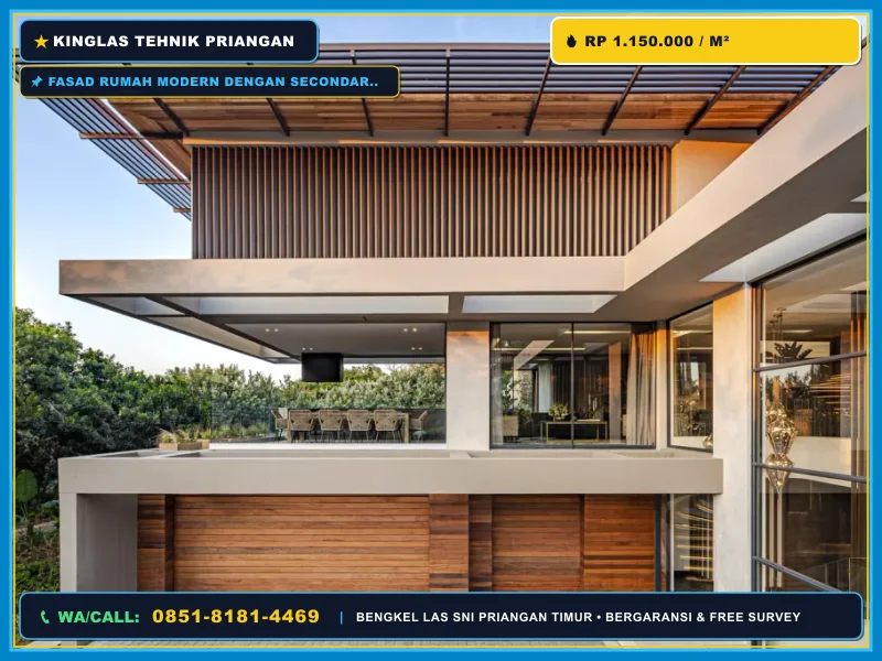 Fasad rumah modern dengan secondary skin besi di Banjar