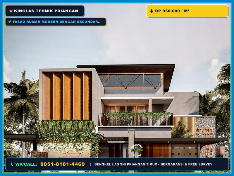 Fasad rumah modern dengan secondary skin besi di Garut