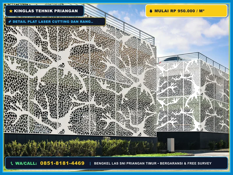 Detail plat laser cutting dan rangka hollow pada secondary skin fasad