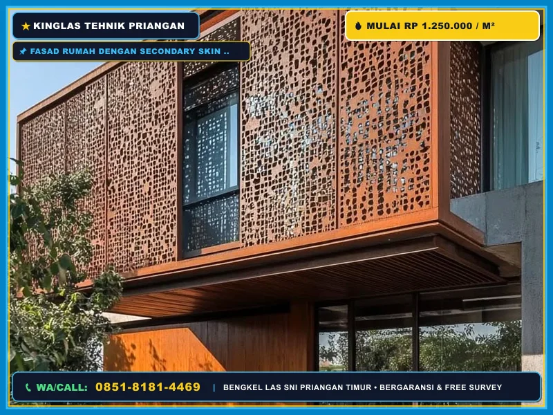 Fasad rumah dengan secondary skin metal screen minimalis