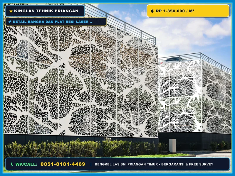 Detail rangka dan plat besi laser cutting untuk secondary skin fasad
