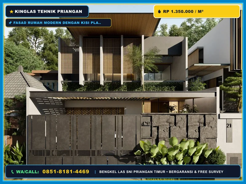 Fasad rumah modern dengan kisi plat laser cutting di Banjar