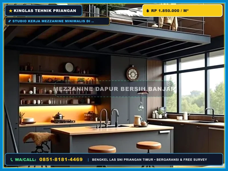Tangga besi minimalis menuju studio kerja mezzanine