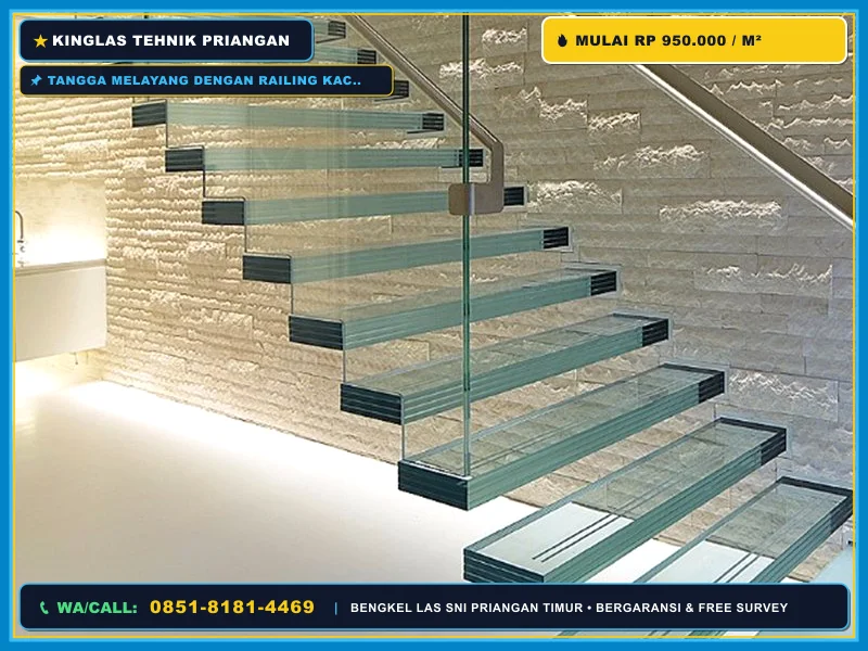 Tangga melayang dengan railing kaca tempered untuk rumah modern Cirebon