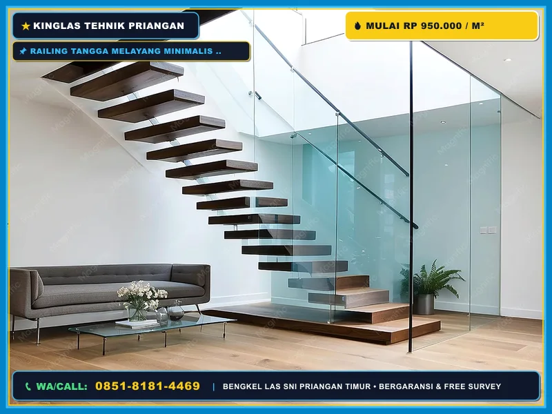 Railing tangga melayang minimalis kaca dan besi