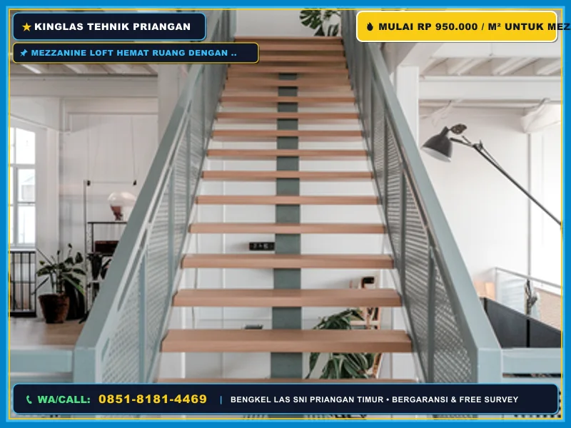Mezzanine loft hemat ruang dengan tangga lipat besi
