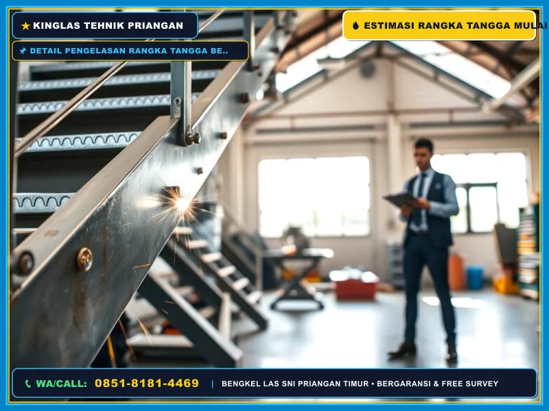 Detail pengelasan rangka tangga besi mezzanine oleh tukang las profesional