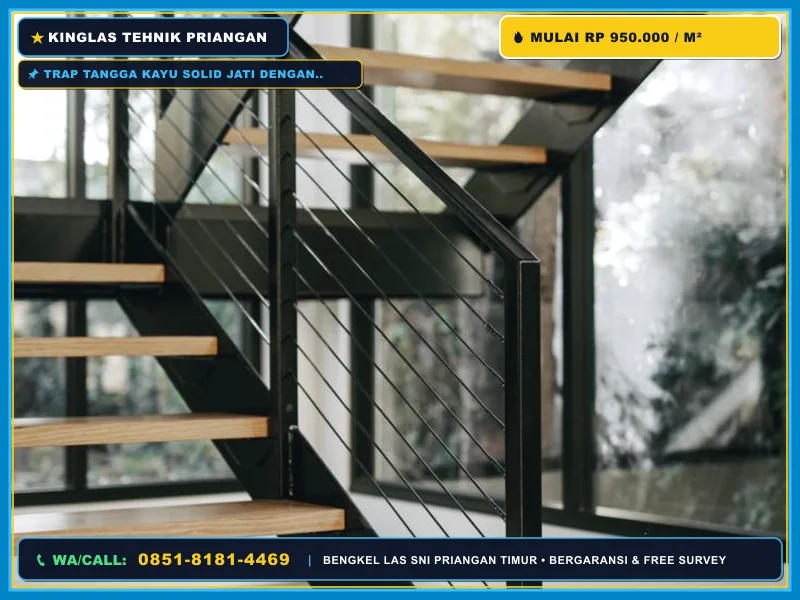 Trap tangga kayu solid jati dengan rangka besi hitam minimalis