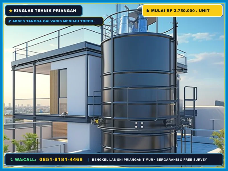Akses tangga galvanis menuju toren air di atap rumah