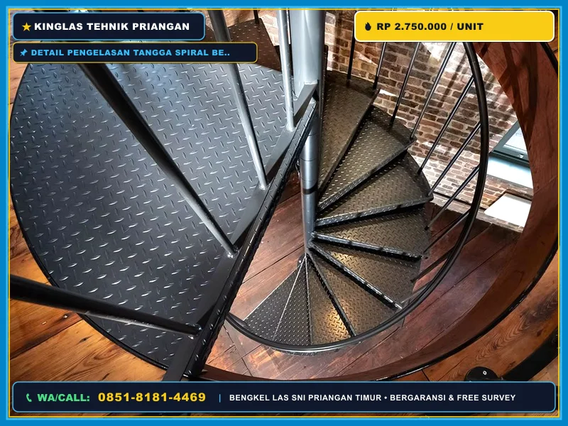 Detail pengelasan tangga spiral besi kuat dan rapi
