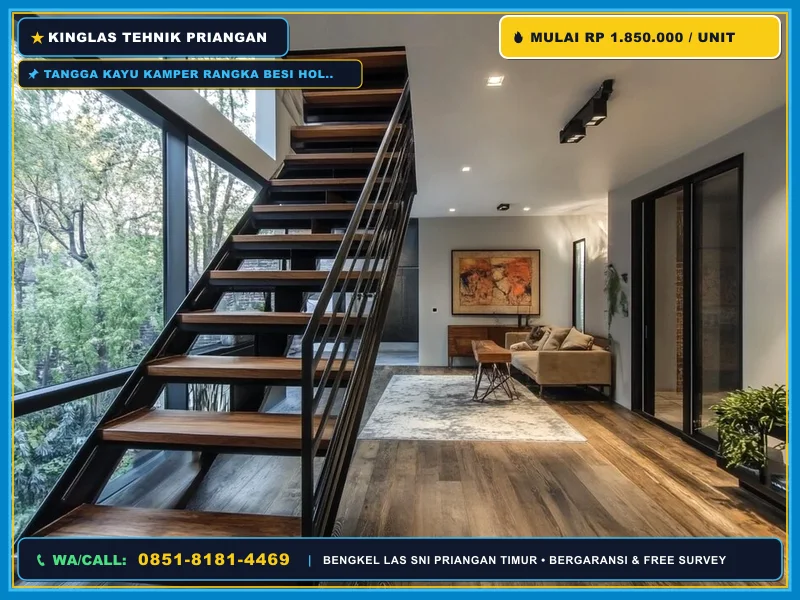 Tangga kayu kamper rangka besi hollow untuk rumah minimalis