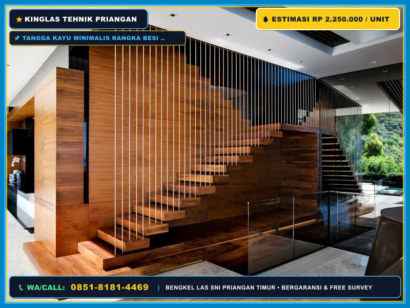 Tangga kayu minimalis rangka besi hollow untuk rumah di Cirebon