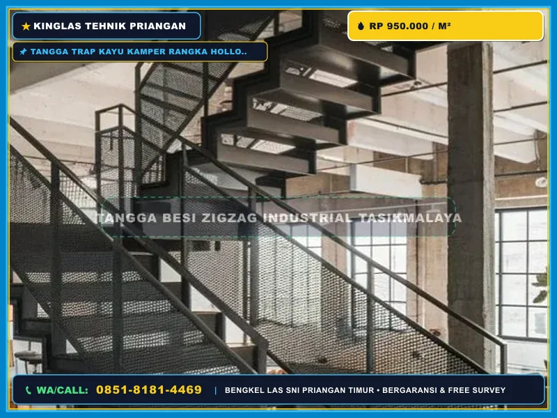 Tangga kayu minimalis rangka besi hollow di rumah